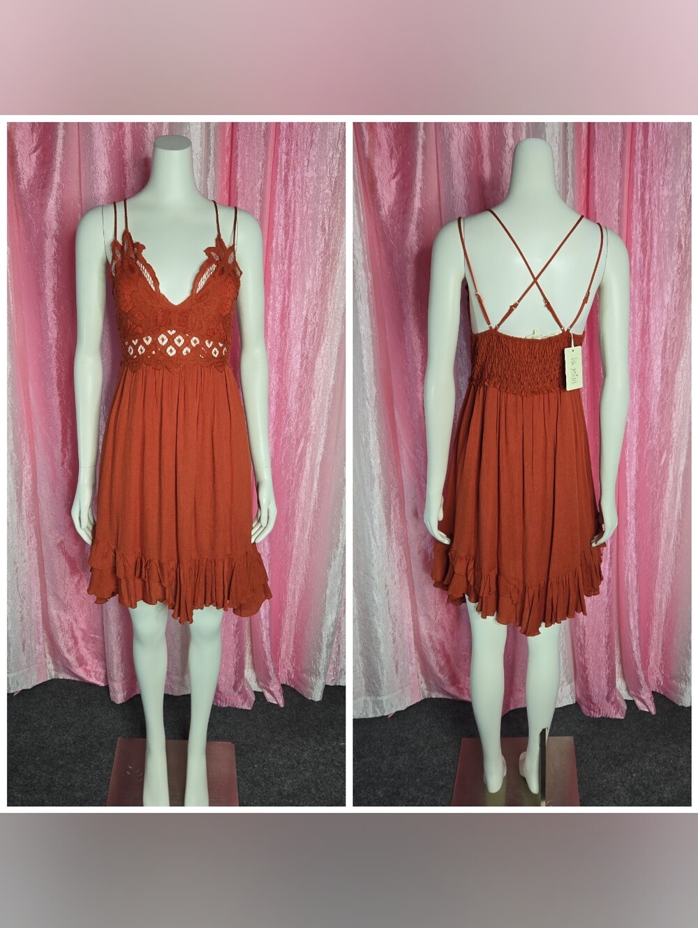 La Miel Rust Boho Crochet Fit & Flare Ruffle Dress Size Large Juniors NWT